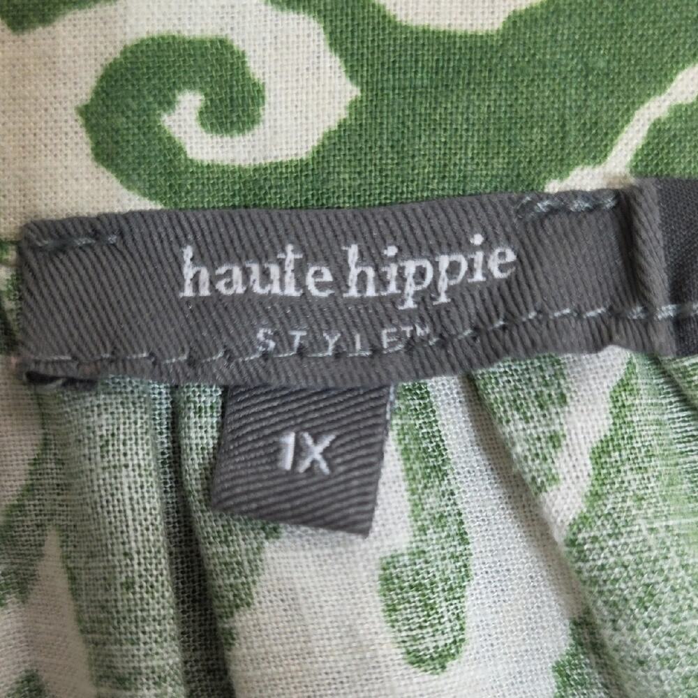 Womens Sz 1X Green/White Ikat BOHO Flutter Sleeve Linen Blend Haute Hippie Top - Picture 4 of 12
